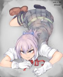Rule 34 | 10s, 1girl, 2014, angry, bike shorts, blue eyes, dated, full body, gloves, kantai collection, kneehighs, lying, neck ribbon, on stomach, pink hair, pleated skirt, ponytail, red ribbon, ribbon, shiranui (kancolle), short hair, sigama, skirt, socks, solo, sweatdrop, twitter username