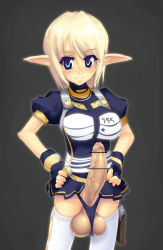 Rule 34 | 1girl, breasts, bursting out, elf, erection, foreskin, futanari, gloves, gradient background, hands on own hips, highres, holster, huge testicles, large breasts, large penis, panties, penis, phantasy star, phantasy star universe, pointy ears, smile, solo, testicles, thighhighs, underwear, uniform, veins, veiny penis, yn red