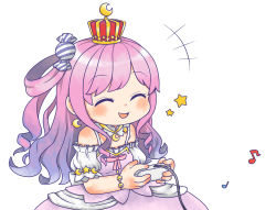 Rule 34 | +++, 1girl, :d, ^ ^, bad id, bad pixiv id, bare shoulders, blue hair, blush, bracelet, breasts, candy hair ornament, chibi, closed eyes, controller, crescent, crescent earrings, crown, detached collar, detached sleeves, drill hair, earrings, eighth note, food-themed hair ornament, game console, game controller, gradient hair, hair ornament, hair rings, highres, himemori luna, himemori luna (1st costume), holding, holding controller, holding game controller, hololive, jewelry, medium breasts, mini crown, multicolored hair, musical note, nintendo, open mouth, pink hair, pink ribbon, princess, puffy short sleeves, puffy sleeves, ribbon, short sleeves, simple background, smile, solo, star (symbol), super nintendo, swept bangs, two-tone hair, unknown-tan, virtual youtuber, white background