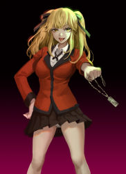 Rule 34 | 1girl, black background, black ribbon, black skirt, blonde hair, breasts, cowboy shot, fangs, gradient background, hair ribbon, hand on own hip, highres, holding, holding jewelry, holding necklace, hy (hungyu), hyakkaou academy school uniform, jacket, jewelry, kakegurui, large breasts, long hair, looking at viewer, necklace, panties, pink background, pleated skirt, red jacket, ribbon, saotome mary, school uniform, shirt, skirt, smile, solo, standing, tongue, tongue out, twintails, underwear, white panties, white shirt