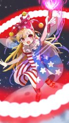Rule 34 | 1girl, american flag dress, american flag pants, american flag print, arms up, black sky, blonde hair, blush, clownpiece, commentary request, danmaku, dress, earth (planet), fairy wings, fire, hair between eyes, hands up, hat, highres, holding, holding torch, jester cap, leg up, legacy of lunatic kingdom, long hair, looking up, moon, neck ruff, nicoseiga121186621, night, night sky, no shoes, open mouth, pants, pink eyes, pink fire, pink hat, planet, polka dot, print pants, short sleeves, sky, smile, solo, space, standing, standing on one leg, star (sky), star (symbol), star print, starry sky, striped clothes, striped dress, striped pants, torch, touhou, transparent wings, v-shaped eyebrows, wings