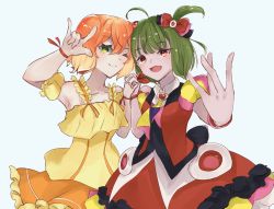Rule 34 | 2girls, blonde hair, blue background, bow, brown eyes, colored tips, cosplay, costume switch, dress, freyja wion, freyja wion (cosplay), green eyes, hair bow, m/, macross, macross delta, macross frontier, multicolored hair, multiple girls, one eye closed, orange hair, pink bow, ranka lee, ranka lee (cosplay), red bow, red dress, seikan hikou, short sidetail, smile, tsuyukusa (tsuyu aoi), w, yellow dress