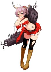 Rule 34 | 10s, 1girl, ahoge, alternate costume, antlers, aoba (kancolle), bare shoulders, belt, black thighhighs, blue eyes, blush, boots, breasts, broken, brown footwear, christmas, elbow gloves, fake horns, gloves, hair between eyes, highres, horns, kantai collection, knee boots, large breasts, leaning forward, looking at viewer, messy hair, midriff, miyoshi (triple luck), one eye closed, pink hair, ponytail, red gloves, reindeer antlers, ribbon, scrunchie, shorts, simple background, smoke, solo, thighhighs, torn clothes, torn gloves, torn shorts, torn thighhighs, transparent background, turret, yellow ribbon, zettai ryouiki
