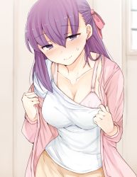 Rule 34 | 1girl, blush, bra, breasts, cleavage, clothes pull, collarbone, fate/stay night, fate (series), hair ribbon, jirou (tamaho39), large breasts, long hair, long skirt, looking at viewer, matou sakura, open clothes, pink bra, pulled by self, purple eyes, purple hair, red ribbon, revision, ribbon, shirt, shirt pull, skirt, solo, underwear, white shirt