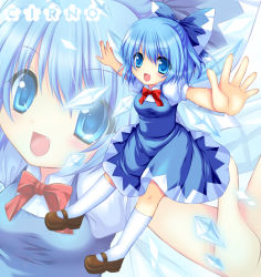 Rule 34 | 1girl, bad id, bad pixiv id, blue eyes, blue hair, bow, character name, cirno, crystal, embodiment of scarlet devil, fairy, fang, hair bow, kneehighs, mary janes, matching hair/eyes, outstretched arms, ratise, shoes, short hair, socks, solo, spread arms, touhou, white socks, wings, zoom layer