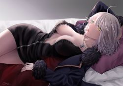 Rule 34 | 1girl, ahoge, arm behind head, bed, bed sheet, black dress, breasts, cape, cleavage, covered erect nipples, dress, fate/grand order, fate (series), fur-trimmed cape, fur collar, fur trim, jeanne d&#039;arc (fate), jeanne d&#039;arc alter (fate), jeanne d&#039;arc alter (ver. shinjuku 1999) (fate), jewelry, large breasts, looking at viewer, lying, necklace, no bra, official alternate costume, omizu (omz), on back, open clothes, open dress, pillow, short dress, short hair, sideboob, silver hair, solo, tongue, tongue out, unzipped, yellow eyes