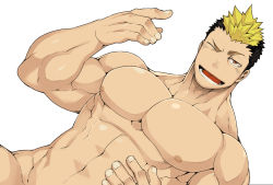 Rule 34 | 1boy, abs, bara, bare pectorals, black hair, blonde hair, brown eyes, completely nude, hand up, large pectorals, male focus, multicolored hair, muscular, naop (anything), nipples, nude, one eye closed, open mouth, original, pectorals, short hair, solo, toned, toned male, two-tone hair, white background