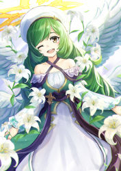 Rule 34 | 1girl, ;d, angel wings, dress, feathered wings, flower, from above, gabriel (monster strike), green hair, hat, highres, lily (flower), long dress, long hair, long sleeves, looking at viewer, lying, monster strike, on back, one eye closed, open mouth, smile, solo, strapless, strapless dress, swept bangs, tsuseki, very long hair, white dress, white flower, white hat, white wings, wings, yellow eyes