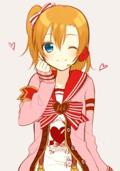 Rule 34 | 10s, 1girl, ;), bad id, bad pixiv id, blue eyes, bow, cardigan, chisumi, clothes writing, female focus, group name, hair bow, happy valentine, headset, heart, kosaka honoka, looking at viewer, love live!, love live! school idol festival, love live! school idol project, one eye closed, open cardigan, open clothes, orange hair, side ponytail, smile, solo, valentine, wink