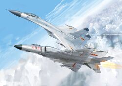 Rule 34 | absurdres, afterburner, air-to-air missile, aircraft, airplane, centerline fuel tank, cloud, contrail, fighter jet, highres, j-11 plane, j-8, jet, military vehicle, mirroraptor, missile, people&#039;s liberation army, people&#039;s liberation army air force, pilot, pl-9, r-77 adder, red star, star (symbol), vehicle focus