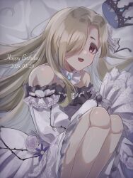 Rule 34 | 1girl, bare shoulders, blonde hair, blush, crown, doll joints, dress, fangs, flower, hair flower, hair ornament, hair over one eye, happy birthday, highres, idolmaster, idolmaster cinderella girls, joints, kabocha don, knees to chest, long hair, looking at viewer, lying, on side, open mouth, red eyes, shirasaka koume, smile, solo, unworn crown, white dress