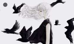 Rule 34 | 1girl, bad id, bad twitter id, bird, black bird, black eyes, circle, expressionless, from side, long hair, looking at viewer, original, profile, shirone (coxo ii), simple background, sleeveless, solo, upper body, white background, white hair, wind
