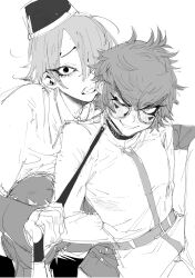 Rule 34 | 2boys, angry smile, behind another, belt, blush, bound, bound wrists, collar, collared shirt, commentary request, facial mark, fang, furrowed brow, glasses, greyscale, hair between eyes, hair over one eye, hands behind, hat, highres, holding, holding leash, leash, long sleeves, looking at viewer, male focus, master detective archives: rain code, messy hair, monochrome, multiple boys, na 6, pants, pulling, pulling leash, raised eyebrows, shirt, short hair, smile, sweat, teeth, yaoi, yomi hellsmile, zilch alexander