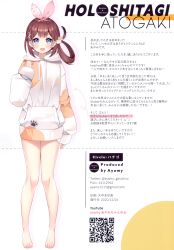 Rule 34 | 1girl, absurdres, artist name, ayamy, ayamy (vtuber), bare legs, barefoot, blue eyes, blush, brown hair, cat hair ornament, full body, hair ornament, hair ribbon, highres, hood, hood down, hoodie, indie virtual youtuber, jacket, legs, long sleeves, no pants, open mouth, paw print, pixiv id, ribbon, scan, shiny skin, side ponytail, sleeves past wrists, smile, standing, toes, twitter username, virtual youtuber, x hair ornament