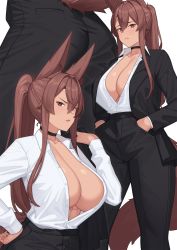 Rule 34 | 1girl, abs, animal ear fluff, animal ears, ass, black choker, black jacket, black pants, blouse, breasts, brown eyes, brown hair, choker, collared shirt, commentary request, dark-skinned female, dark skin, formal, fox ears, fox tail, franham, from behind, hair between eyes, hand on own hip, hands in pockets, high-waist pants, highres, jacket, jacket over shoulder, unworn jacket, large breasts, long hair, long sleeves, looking at viewer, multiple views, no bra, open clothes, open jacket, open mouth, original, pants, partially unbuttoned, pocket, ponytail, shirt, shirt tucked in, sidelocks, simple background, standing, suit, suit jacket, tail, teeth, toned, upper teeth only, white background, white shirt