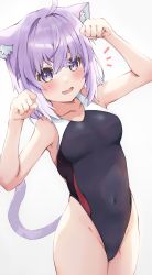 Rule 34 | 1girl, ahoge, animal ears, bad id, bad pixiv id, cat ears, cat girl, cat tail, competition swimsuit, covered navel, crossed bangs, hair between eyes, highleg, highleg swimsuit, highres, hololive, nekomata okayu, one-piece swimsuit, paw pose, purple eyes, purple hair, riafel, short hair, solo, swimsuit, tail, virtual youtuber, white background