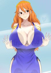 Rule 34 | 1girl, against glass, alternate costume, breasts, breasts squeezed together, dress, highres, huge breasts, long hair, nami (one piece), nami (one piece) (post-timeskip), nami (one piece) (zou), official alternate costume, one piece, revealing clothes, short dress, solo, very long hair, wide hips