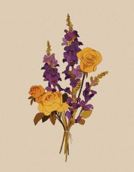 Rule 34 | bouquet, commentary, commission, english commentary, flower, grey background, highres, leaf, libbyframe, no humans, original, plant, purple flower, rose, signature, simple background, snapdragon, still life, yellow flower, yellow rose