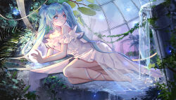 Rule 34 | 1girl, absurdres, arua, barefoot, blue eyes, blue hair, dress, hair between eyes, hatsune miku, highres, leg ribbon, long hair, lying, off-shoulder dress, off shoulder, on side, parted lips, pleated dress, ribbon, short dress, solo, twintails, very long hair, vocaloid, water, white dress, white ribbon