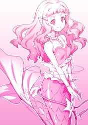 Rule 34 | 1girl, breasts, closed mouth, commentary request, fins, gradient background, head fins, highres, kazuma muramasa, laura (precure), long hair, looking at viewer, medium breasts, mermaid, midriff, monster girl, navel, pink background, pink theme, precure, signature, smile, solo, tropical-rouge! precure