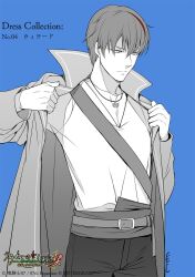 Rule 34 | 1boy, anchor, belt, blue background, character name, coat, collarbone, company name, copyright name, dressing, ffc, greyscale, greyscale with colored background, highres, jewelry, logo, long bangs, long sleeves, looking ahead, male focus, monochrome, multicolored hair, official art, pants, partially colored, pendant, sash, serious, shirt tucked in, short hair, signature, solo, spot color, standing, streaked hair, two-tone hair, umineko no naku koro ni, willard h. wright