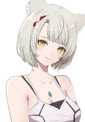 Rule 34 | 1girl, animal ear fluff, animal ears, armpit crease, bare shoulders, breasts, cat ears, cat girl, chest jewel, cleavage, closed mouth, collarbone, commentary request, eyelashes, grey hair, highres, medium hair, mio (xenoblade), simple background, solo, upper body, white background, xenoblade chronicles (series), xenoblade chronicles 3, yamamori kinako, yellow eyes