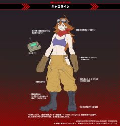 Rule 34 | ahoge, bandaid, bandaid on cheek, bandaid on face, caroline (metal slug), character name, controller, goggles, goggles on head, gradient background, hair between eyes, halftone, metal slug, metal slug attack, red scarf, remote control, scarf, solo, standing