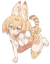 Rule 34 | 10s, 1girl, :d, animal ears, animal print, bare shoulders, blade (galaxist), blonde hair, bow, bowtie, breasts, brown dress, dress, elbow gloves, fang, gloves, hands up, high-waist skirt, kemono friends, kneeling, medium breasts, open mouth, paw pose, serval (kemono friends), serval print, serval tail, shirt, shoes, short dress, short hair, simple background, skirt, sleeveless, sleeveless shirt, smile, solo, striped tail, tail, thighhighs, white background, white footwear, white gloves, white shirt, yellow bow, yellow bowtie, yellow eyes, yellow gloves, yellow thighhighs