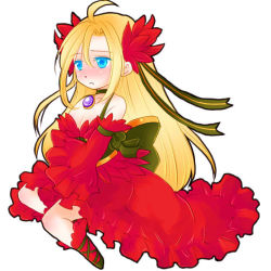 Rule 34 | 1boy, ahat (ragnarok online), ahoge, alternate color, blonde hair, blue eyes, blush, bow, commentary request, corset, crossdressing, detached sleeves, dress, frilled dress, frilled sleeves, frills, full body, green bow, green ribbon, hair ribbon, high heels, kneehighs, large bow, long hair, looking afar, male focus, manoji, official alternate costume, open mouth, ragnarok online, red dress, red sleeves, red socks, ribbon, simple background, sleeveless, sleeveless dress, socks, solo, wanderer (ragnarok online), white background, wide sleeves