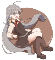 Rule 34 | 1girl, ahoge, belt, bow, bowtie, cosplay, grey eyes, grey hair, hair between eyes, kantai collection, kasumi (kancolle), kasumi (kancolle) (cosplay), kiyoshimo (kancolle), kneehighs, loafers, long hair, looking at viewer, low twintails, open mouth, remodel (kantai collection), riz (ravel dc), school uniform, shoes, socks, twintails, twitter username