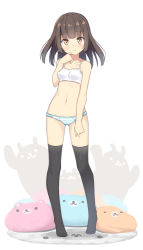 Rule 34 | 1girl, bare arms, bare shoulders, black thighhighs, bra, breasts, brown eyes, brown hair, closed mouth, collarbone, full body, hand up, hatsunatsu, long hair, looking at viewer, navel, no shoes, original, panties, small breasts, smile, solo, standing, striped clothes, striped panties, thighhighs, underwear, underwear only, white background, white bra