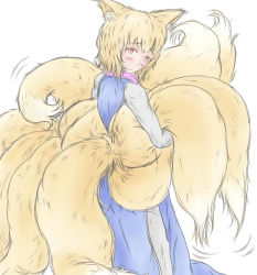 Rule 34 | 1girl, animal ears, back, blonde hair, blush, fox ears, fox tail, from behind, frown, holding own tail, looking at viewer, looking back, multiple tails, no headwear, raised eyebrows, red eyes, short hair, simple background, solo, ta gero, tabard, tail, touhou, white background, yakumo ran