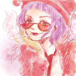 Rule 34 | 1girl, belo betty, blue eyes, blunt bangs, character name, cigarette, close-up, commentary, english commentary, gloves, goggles, looking at viewer, mrnmikannn, necktie, one piece, purple hair, red headwear, red necktie, red shirt, shirt, short hair, signature, smile, smoke, solo