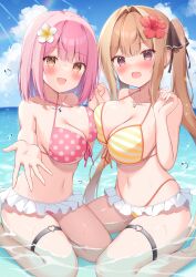 Rule 34 | 2girls, asymmetrical docking, bare arms, bare shoulders, bikini, black ribbon, blue sky, blush, breast press, breasts, brown eyes, brown hair, bubble, cloud, cloudy sky, commentary request, criss-cross halter, day, fang, fingernails, flower, frilled bikini, frills, front-tie bikini top, front-tie top, hair flower, hair intakes, hair ornament, hair ribbon, halterneck, hannari369, heart o-ring, highleg, highleg bikini, highres, holding hands, interlocked fingers, jewelry, large breasts, lens flare, long fingernails, long hair, looking at viewer, multiple girls, navel, necklace, o-ring, o-ring thigh strap, ocean, open mouth, original, outdoors, outstretched arm, paid reward available, pink bikini, polka dot, polka dot bikini, purple eyes, reaching, reaching towards viewer, red flower, ribbon, seiza, short hair, sidelocks, sitting, skin fang, sky, smile, star (symbol), star necklace, stomach, string bikini, striped bikini, striped clothes, sunlight, swimsuit, thigh strap, twintails, very long hair, water, white flower, yellow bikini