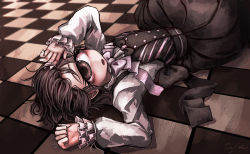 Rule 34 | 1girl, alternate costume, bow, brown eyes, brown hair, checkered floor, cyclops, dress, forehead, hitomebore, looking at viewer, lying, official art, on back, on floor, one-eyed, open mouth, ray-k, sepia, short hair, signature, solo, usui sachi
