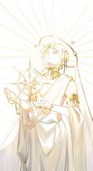 Rule 34 | 1boy, absurdres, armlet, arms up, blonde hair, chinese commentary, choker, circle of inevitability, closed eyes, commentary request, eternal blazing sun, halo, highres, light, light rays, lord of the mysteries, outstretched arms, qingguomdashmochamdashcattouxiangkong, robe, short hair, solo, spread arms, sun symbol, sunbeam, sunlight, tiara, white background, white robe, yellow choker