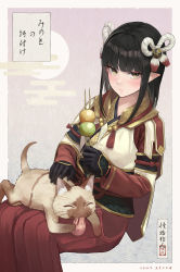 Rule 34 | 1girl, absurdres, black gloves, black hair, blunt bangs, breasts, cat, closed mouth, dango, felyne, fewer digits, food, gloves, hair ornament, highres, japanese clothes, long hair, looking at viewer, minoto, monster hunter (series), monster hunter rise, pointy ears, sidelocks, solo, sugai (4ugaii), wagashi, yellow eyes