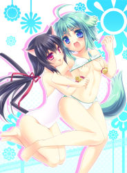 Rule 34 | 10s, 2girls, :d, ahoge, animal ears, assisted exposure, bad id, bad pixiv id, barefoot, bikini, bikini top lift, black hair, blue eyes, blush, grabbing another&#039;s breast, breasts, cat ears, cat tail, clothes lift, dog days, dog ears, eclair martinozzi, flower, grabbing, green hair, hair ribbon, hlz, long hair, medium breasts, multiple girls, navel, noir vinocacao, one-piece swimsuit, open mouth, red eyes, ribbon, smile, swimsuit, tail