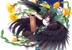 Rule 34 | 1girl, arm cannon, bad id, bad pixiv id, black thighhighs, black wings, brown hair, floral background, flower, hair ribbon, highres, long hair, looking at viewer, open mouth, outstretched arms, red eyes, reiuji utsuho, ribbon, shirt, short sleeves, skirt, smile, solo, thighhighs, touhou, touzai (poppin phl95), weapon, white background, wings