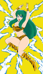 Rule 34 | 1girl, animal print, aqua hair, ass, bikini, blue eyes, breasts, cleavage, cone horns, electricity, electrokinesis, fang, female focus, full body, green hair, green nails, highres, hip focus, horns, large breasts, legs, looking at viewer, lum, marusaru maia, navel, oni, oni girl, open mouth, solo, swimsuit, thick thighs, thighs, thunder, tiger print, urusei yatsura, wide hips, yellow bikini