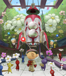 Rule 34 | 3boys, alien, bald, blonde hair, blue pikmin, bug, butterfly, cloud, facial hair, flower, insect, ladder, leaf, louie (pikmin), male focus, multiple boys, mustache, naru (wish field), nintendo, olimar, outdoors, pikmin (creature), pikmin (series), pikmin 2, pointy ears, president (pikmin), purple pikmin, red eyes, red pikmin, sitting, sky, spacecraft, spacesuit, standing, tree, white pikmin, yellow pikmin
