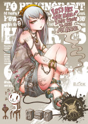 Rule 34 | 1girl, :3, blush, bracelet, cigarette, cup, drinking glass, english text, headphones, high heels, highres, jewelry, long hair, musical note, open mouth, original, project.c.k., sandals, shoes, shorts, smoke, solo, speaker, tattoo, wine glass
