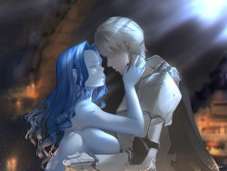 Rule 34 | 1boy, 1girl, alternate breast size, armor, black nails, blonde hair, blue hair, blue skin, blurry, blurry background, breasts, cape, clothed male nude female, colored skin, commentary request, elden ring, extra arms, closed eyes, faceless, faceless male, fingernails, hetero, highres, jewelry, large breasts, lips, long hair, nail polish, nude, ranni the witch, ring, short hair, slaz, smile, tarnished (elden ring)
