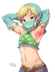 Rule 34 | 1boy, 2017, arabian clothes, armlet, armpits, arms up, blonde hair, blue eyes, blush, circlet, closed mouth, collarbone, covered erect nipples, dated, detached sleeves, earrings, frills, gem, gerudo set (zelda), gold trim, green gemstone, halterneck, jewelry, kanya pyi, link, long sleeves, looking at viewer, male focus, mouth veil, napkin, navel, nintendo, pointy ears, see-through, sidelocks, simple background, smile, stomach, swept bangs, the legend of zelda, the legend of zelda: breath of the wild, thick eyebrows, trap, upper body, veil, white background