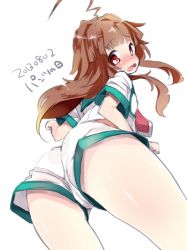Rule 34 | 10s, 1girl, ahoge, ass, blush, brown hair, dated, from behind, from below, kanro ame (ameko), kantai collection, kuma (kancolle), long hair, looking at viewer, looking back, open mouth, personification, red eyes, shorts, solo, thighs, wavy mouth