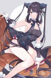 Rule 34 | 1girl, bad id, bad pixiv id, bare shoulders, black dress, black footwear, black hair, blue eyes, blush, breasts, china dress, chinese clothes, commentary request, double bun, dress, eyelashes, fate/grand order, fate (series), flute, full body, fur trim, grey background, hair bun, hair ornament, highres, instrument, leaf hair ornament, legs, long hair, looking at viewer, medium breasts, short dress, sidelocks, simple background, sitting, sleeveless, solo, thighs, very long hair, yang guifei (fate), yang guifei (second ascension) (fate), yurumawari