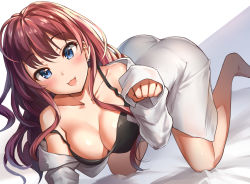 Rule 34 | 10s, 1girl, :3, absurdres, all fours, bad id, bad pixiv id, blue eyes, breasts, brown hair, highres, ichinose shiki, idolmaster, idolmaster cinderella girls, long hair, looking at viewer, off shoulder, open mouth, smile, solo, takeashiro, tsurime