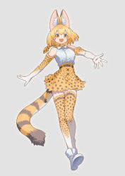 Rule 34 | 1girl, :d, animal ears, ankle boots, blonde hair, boots, bow, bowtie, commentary request, elbow gloves, extra ears, full body, gloves, grey background, high-waist skirt, inukoro (spa), kemono friends, looking at viewer, miniskirt, open mouth, print bow, print bowtie, print gloves, print neckwear, print skirt, print thighhighs, serval (kemono friends), serval print, serval tail, shirt, short hair, simple background, skirt, sleeveless, sleeveless shirt, smile, solo, standing, striped tail, tail, thighhighs, traditional bowtie, white footwear, white shirt, yellow bow, yellow bowtie, yellow eyes, yellow gloves, yellow skirt, yellow thighhighs