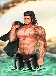 Rule 34 | 10s, 1boy, abs, black hair, facial hair, final fantasy, final fantasy xv, gladiolus amicitia, looking at viewer, male focus, muscular, okami (id=1307059), outdoors, pectorals, scar, topless male, smile, smirk, tattoo, undressing, water