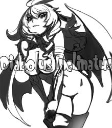 Rule 34 | 1girl, bare shoulders, bat wings, bent over, breasts, cleavage, demon girl, greyscale, groin, hirose soushi, horns, large breasts, looking at viewer, monochrome, monochrome, nipples, nude, demon girl, tail, thighhighs, wings